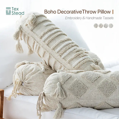 Boho tufted tassel lumbar pillow cream textured bedroom decor