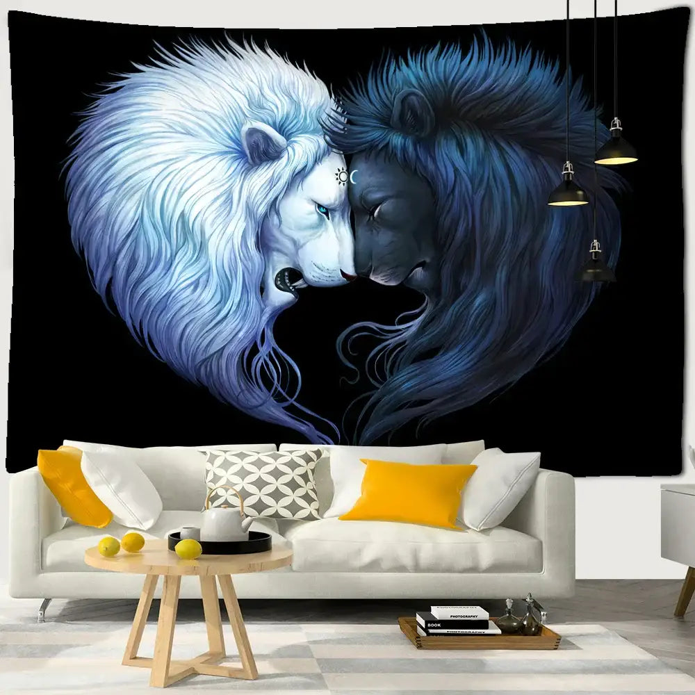 Boho wildlife tapestry wall hanging white & blue lions bedroom decor