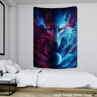 Boho wildlife tapestry wall hanging white & blue lions bedroom decor