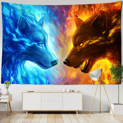 Boho wildlife tapestry wall hanging white & blue lions bedroom decor
