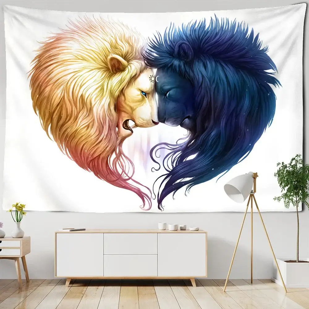 Boho wildlife tapestry wall hanging white & blue lions bedroom decor
