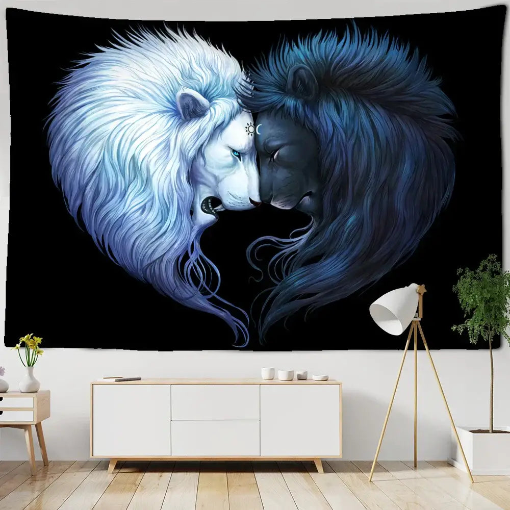 Boho wildlife tapestry wall hanging white & blue lions bedroom decor