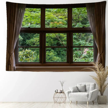 Boho window jungle scenery wall tapestry bedroom art
