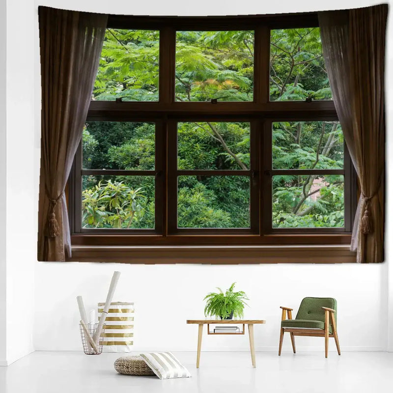 Boho window jungle scenery wall tapestry bedroom art