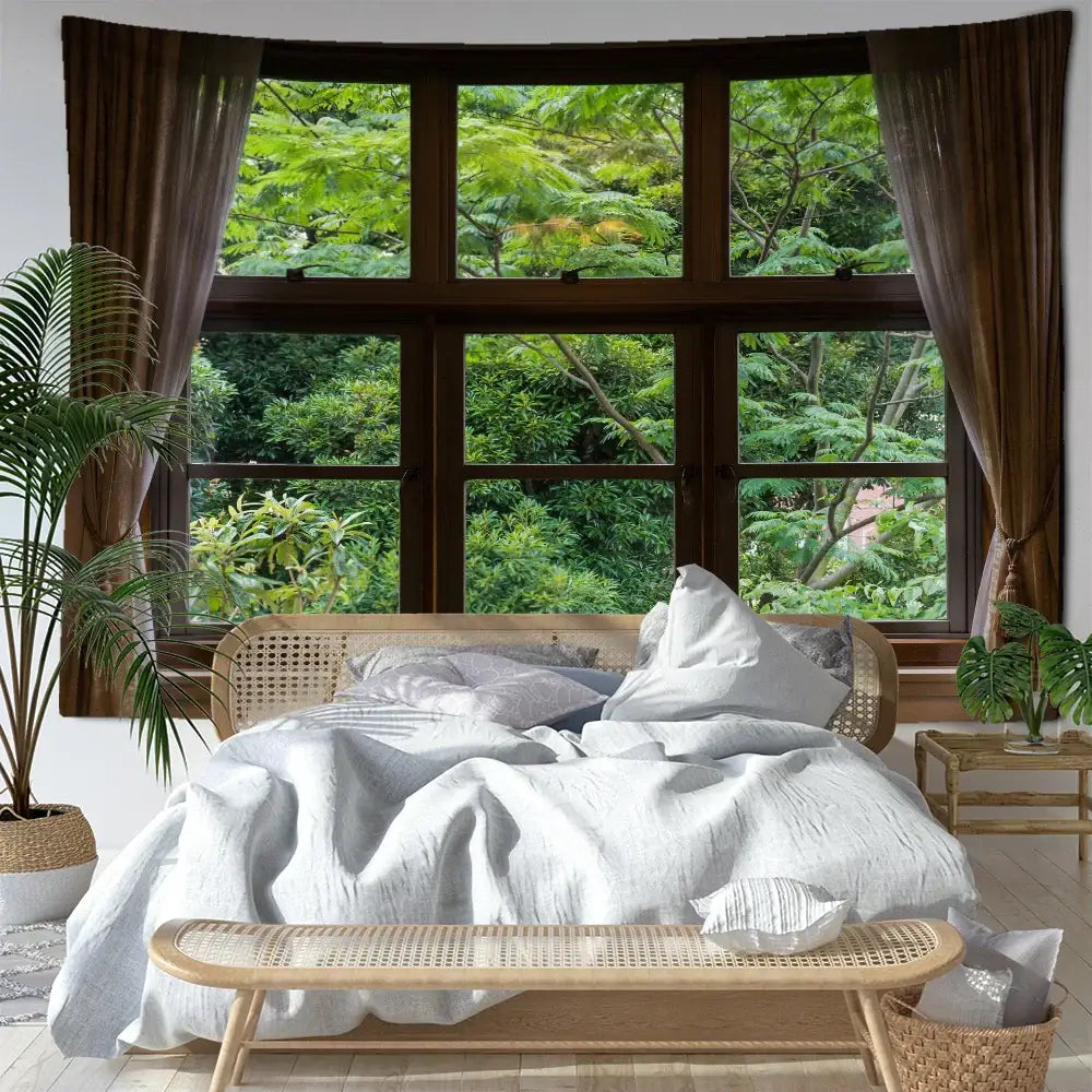 Boho window jungle scenery wall tapestry bedroom art