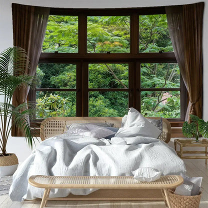 Boho window jungle scenery wall tapestry bedroom art
