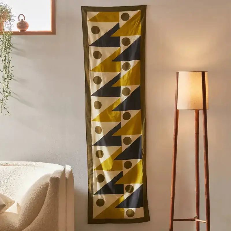 Boho yellow & black celestial geometry tapestry bedroom silk scarf