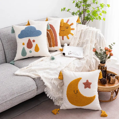 Boho yellow rainbow celestial cushion cover living room tassel pillow
