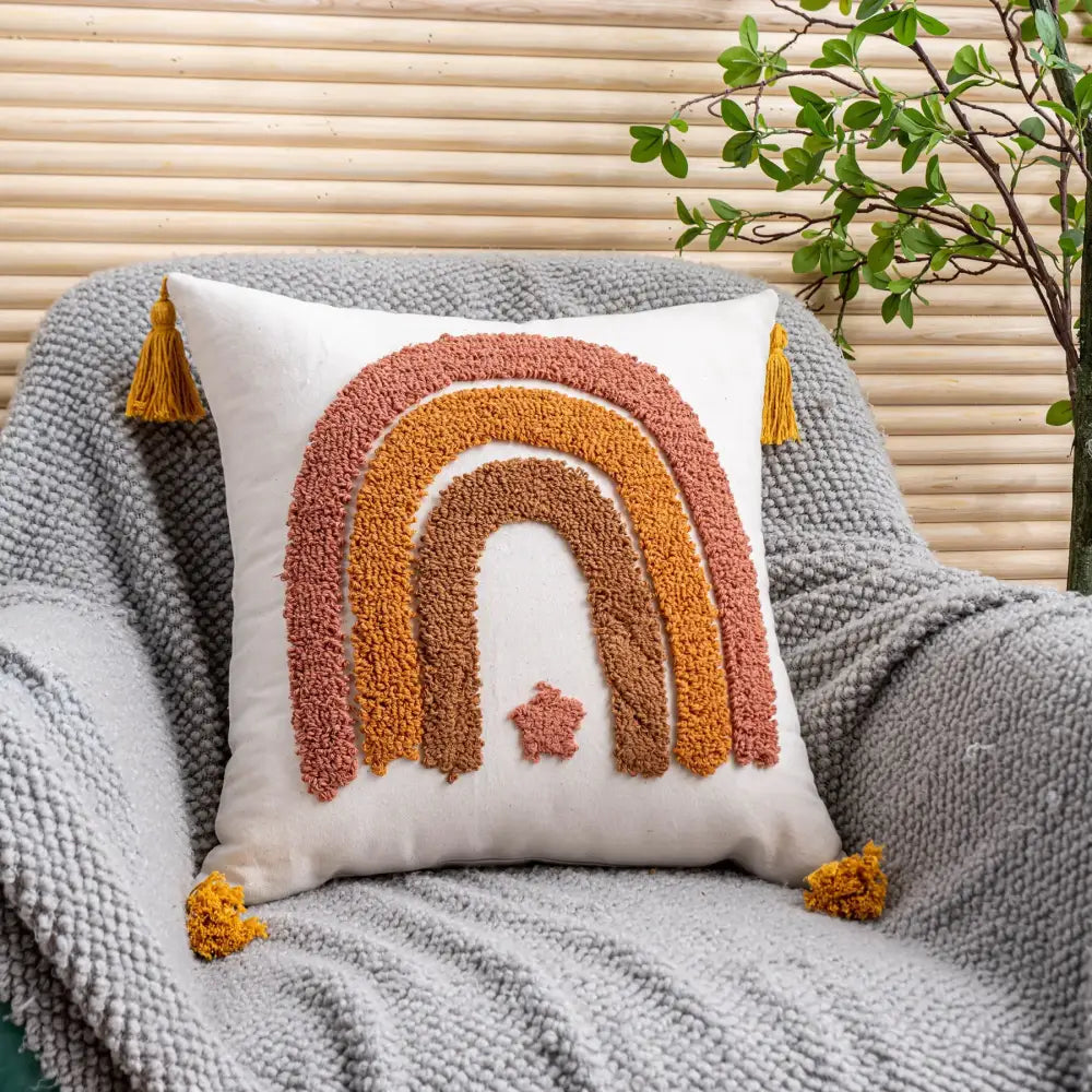 Boho yellow rainbow celestial cushion cover living room tassel pillow