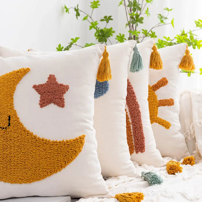 Boho yellow rainbow celestial cushion cover living room tassel pillow