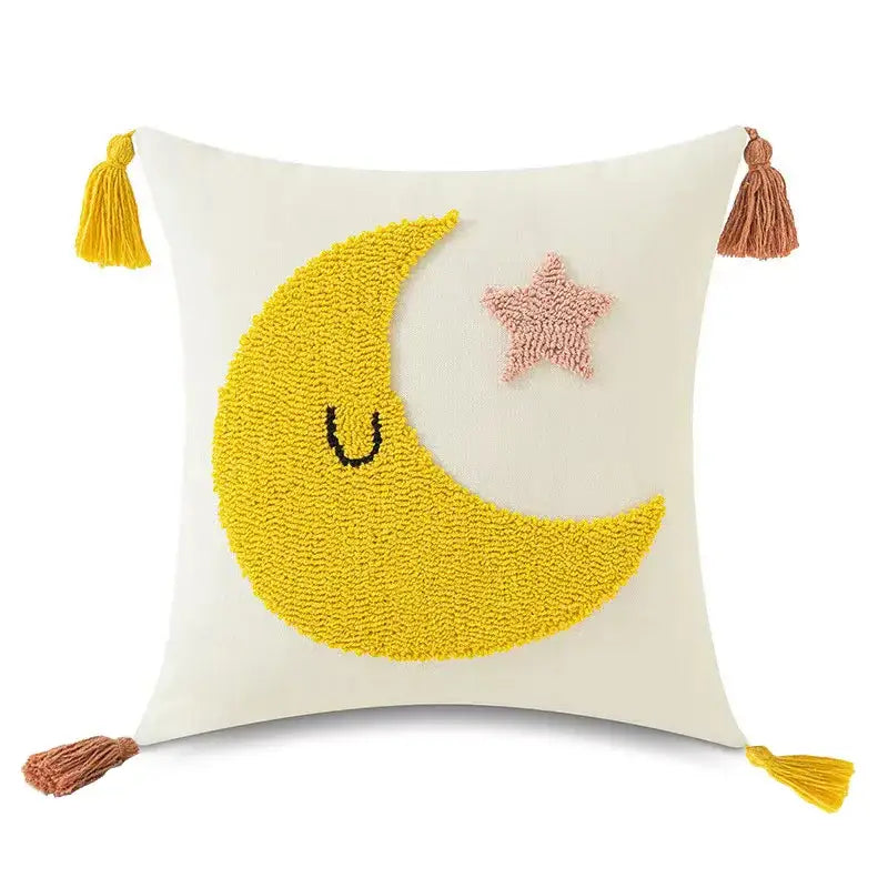 Boho yellow rainbow star moon pillow cover bedroom decor with tassels