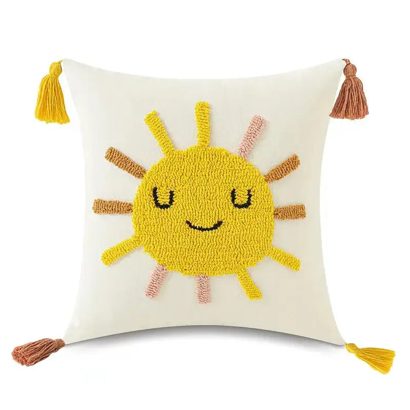 Boho yellow rainbow star moon pillow cover bedroom decor with tassels