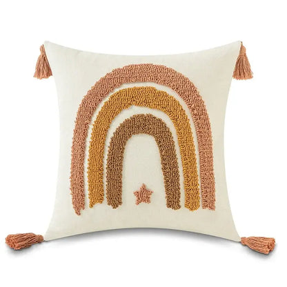 Boho yellow rainbow star moon pillow cover bedroom decor with tassels
