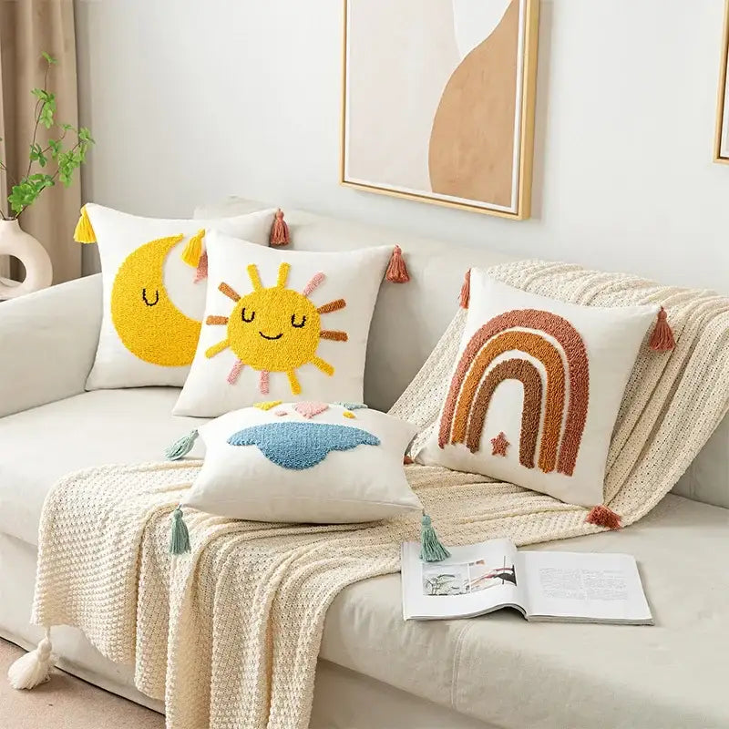 Boho yellow rainbow star moon pillow cover bedroom decor with tassels