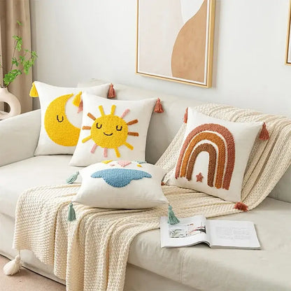 Boho yellow rainbow star moon pillow cover bedroom decor with tassels