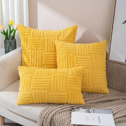 Boho yellow textured plush throw pillow covers living room decor