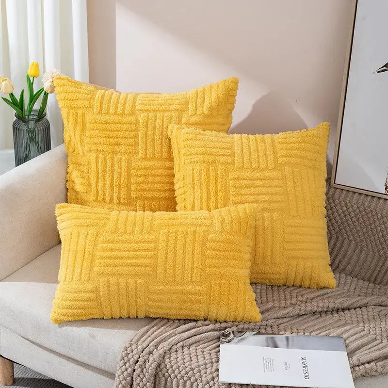 Boho yellow textured plush throw pillow covers living room decor