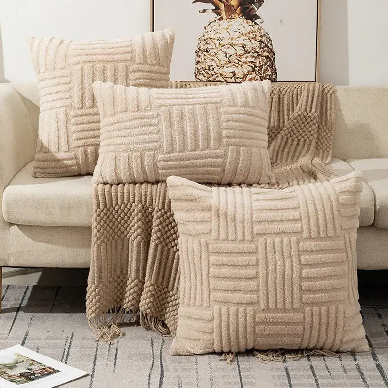 Boho yellow textured plush throw pillow covers living room decor