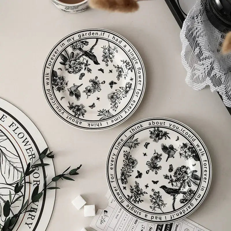 Botanical black bird ceramic coffee cup and saucer set dining room