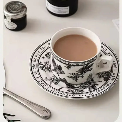 Botanical black bird ceramic coffee cup and saucer set dining room