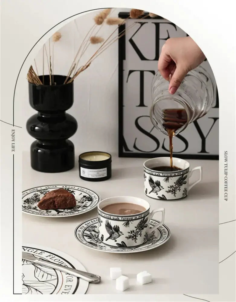 Botanical black bird ceramic coffee cup and saucer set dining room