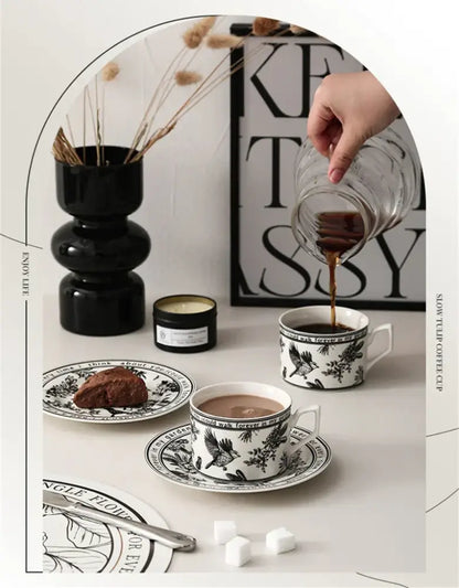 Botanical black bird ceramic coffee cup and saucer set dining room