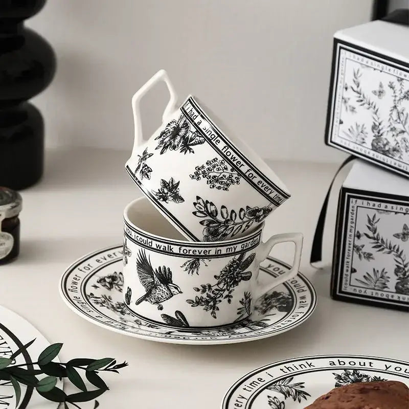 Botanical black bird ceramic coffee cup and saucer set dining room
