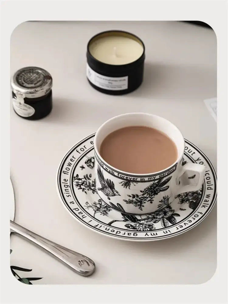 Botanical black bird ceramic coffee cup and saucer set dining room