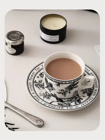 Botanical black bird ceramic coffee cup and saucer set dining room