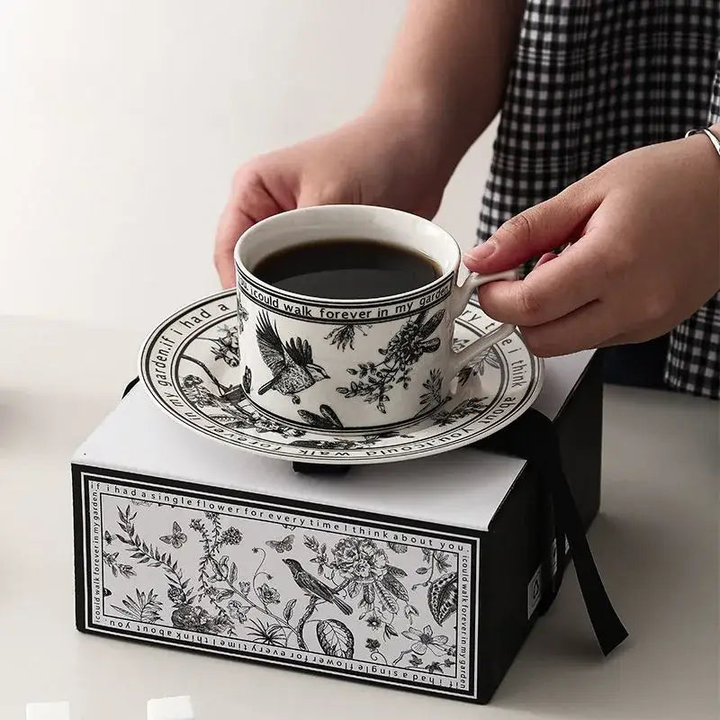 Botanical black bird ceramic coffee cup and saucer set dining room