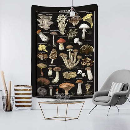 Botanical black mushroom mystical tapestry bedroom wall hanging