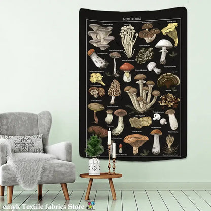 Botanical black mushroom mystical tapestry bedroom wall hanging