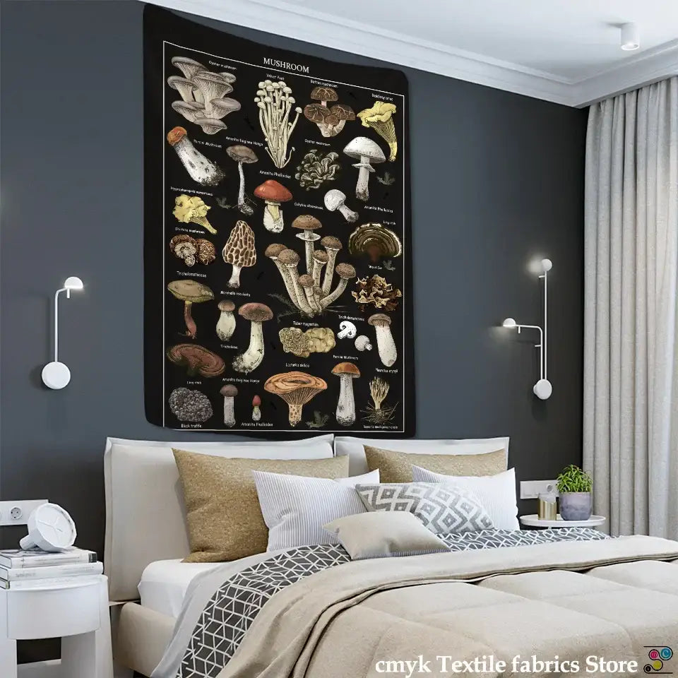 Botanical black mushroom mystical tapestry bedroom wall hanging