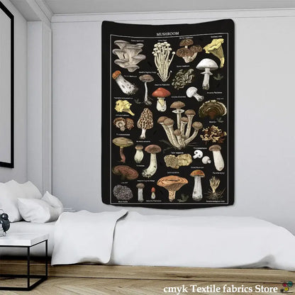 Botanical black mushroom mystical tapestry bedroom wall hanging