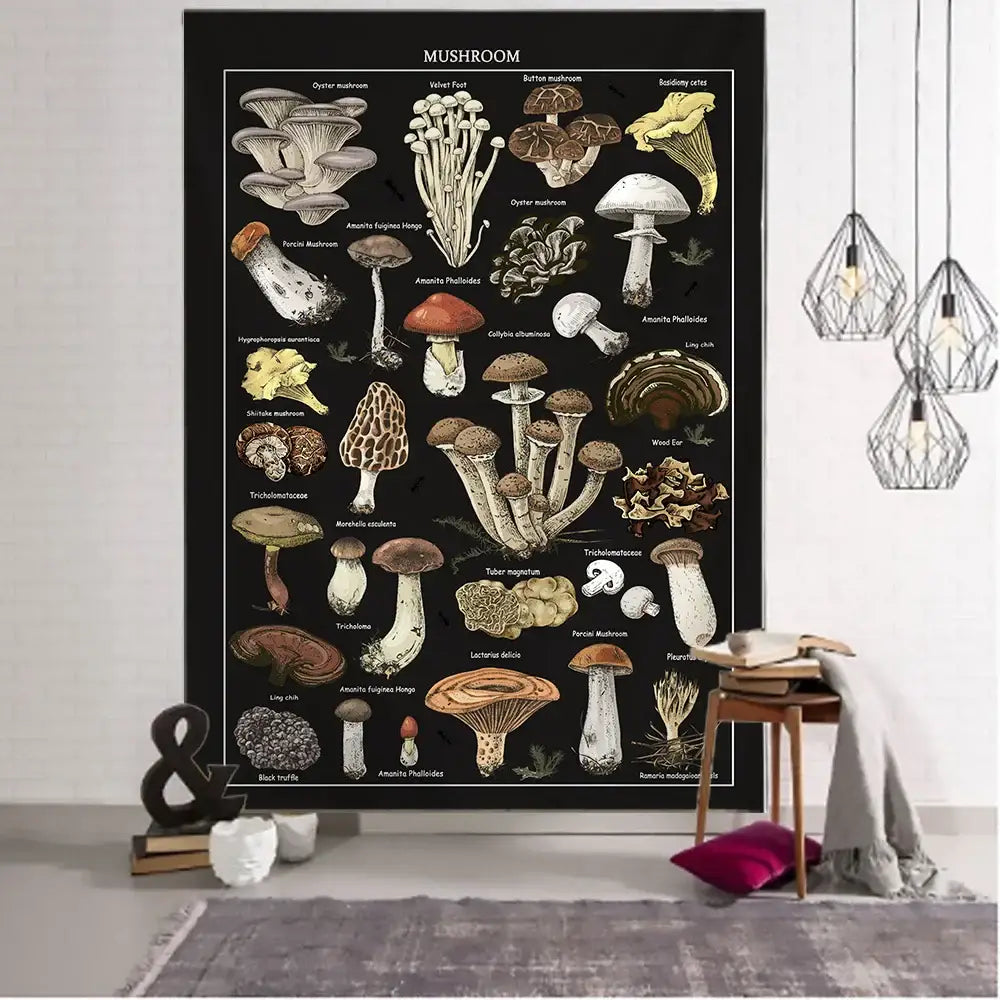 Botanical black mushroom mystical tapestry bedroom wall hanging