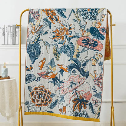 Botanical blue and orange cotton gauze bath towel bathroom throw
