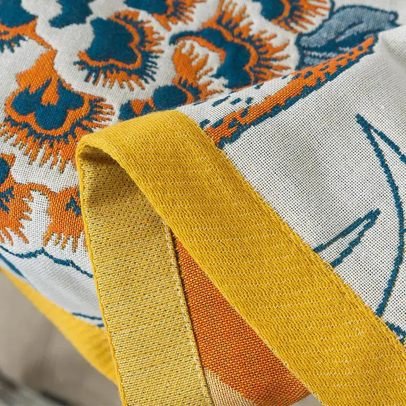 Botanical blue and orange cotton gauze bath towel bathroom throw