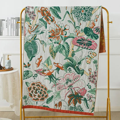 Botanical blue and orange cotton gauze bath towel bathroom throw