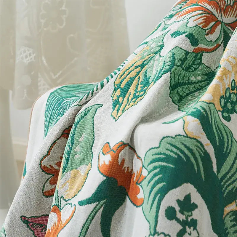 Botanical blue and orange cotton gauze bath towel bathroom throw