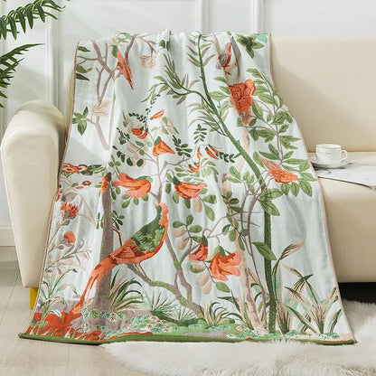 Botanical blue and orange cotton gauze bath towel bathroom throw