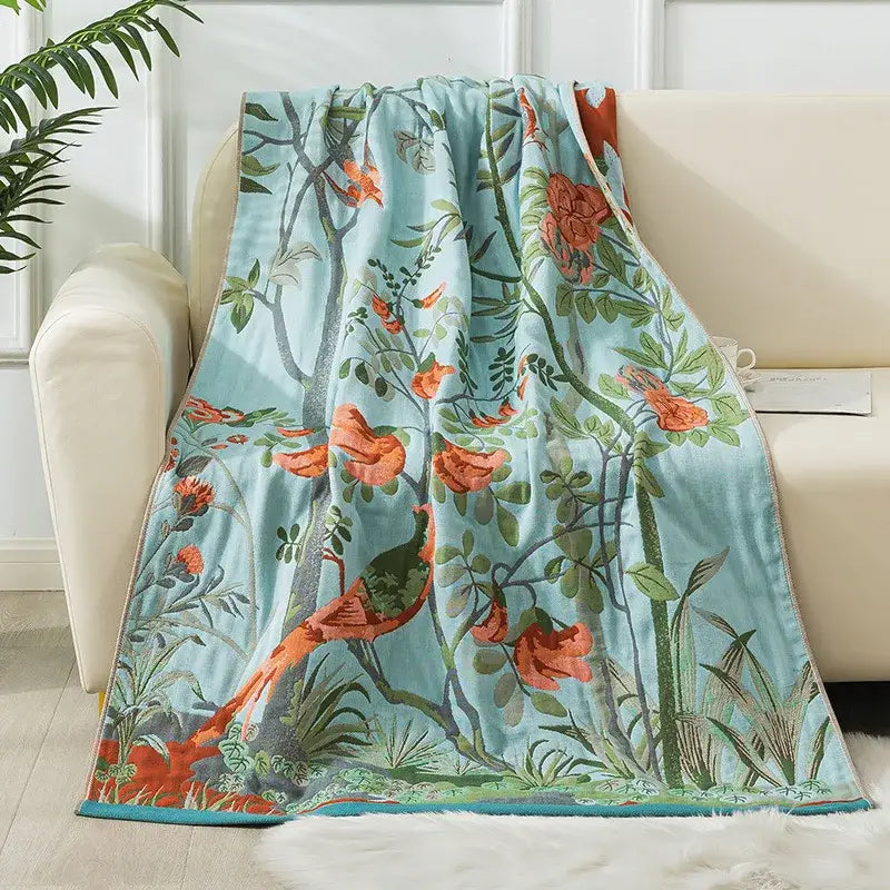 Botanical blue and orange cotton gauze bath towel bathroom throw