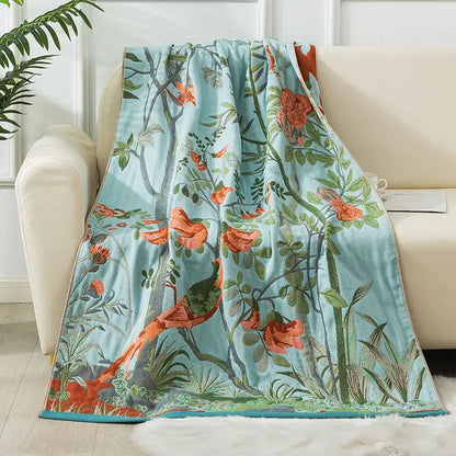 Botanical blue and orange cotton gauze bath towel bathroom throw