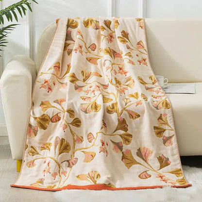 Botanical blue and orange cotton gauze bath towel bathroom throw