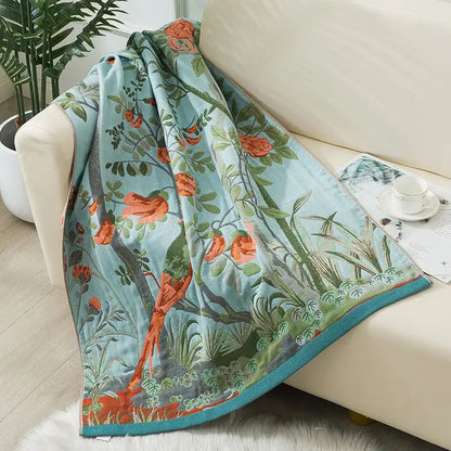 Botanical blue and orange cotton gauze bath towel bathroom throw
