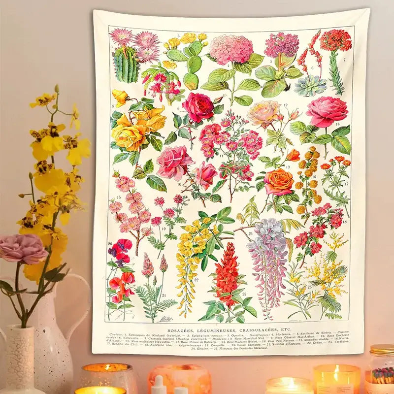 Botanical floral tapestry wall hanging – bedroom flower decor