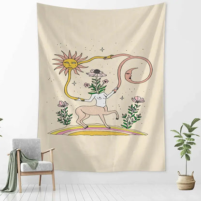 Botanical girl tarot astrology tapestry bedroom wall decor beige