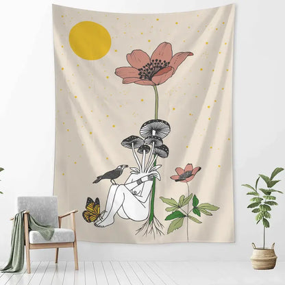 Botanical girl tarot astrology tapestry bedroom wall decor beige