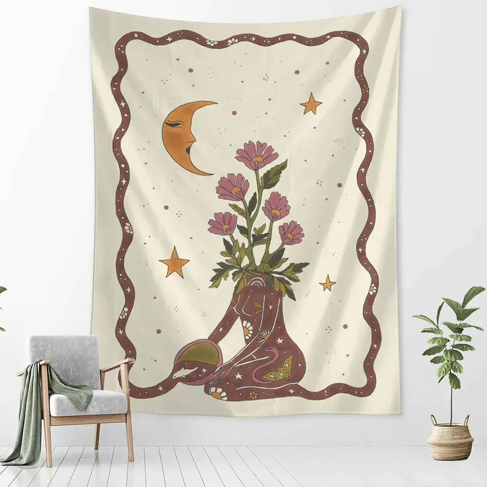 Botanical girl tarot astrology tapestry bedroom wall decor beige