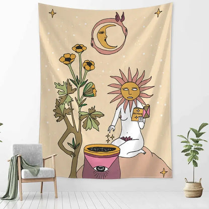 Botanical girl tarot astrology tapestry bedroom wall decor beige