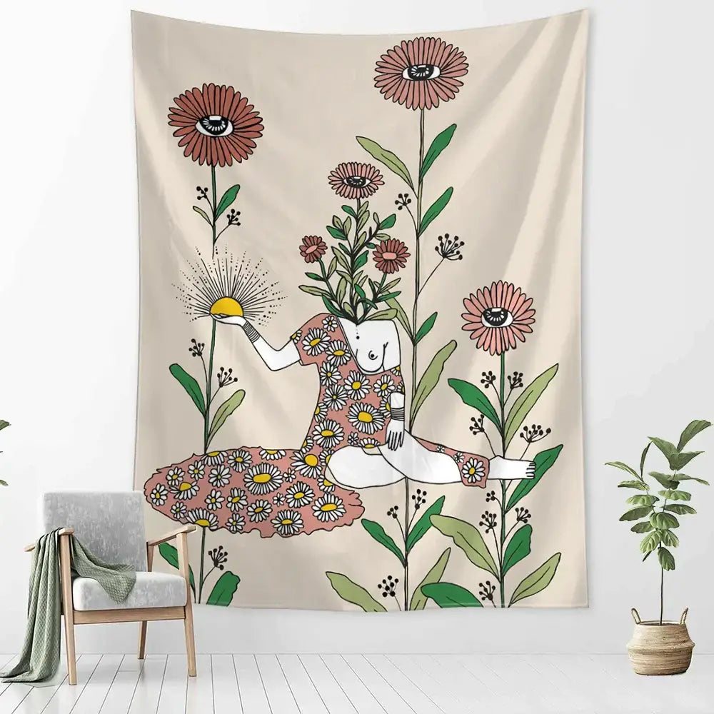 Botanical girl tarot astrology tapestry bedroom wall decor beige